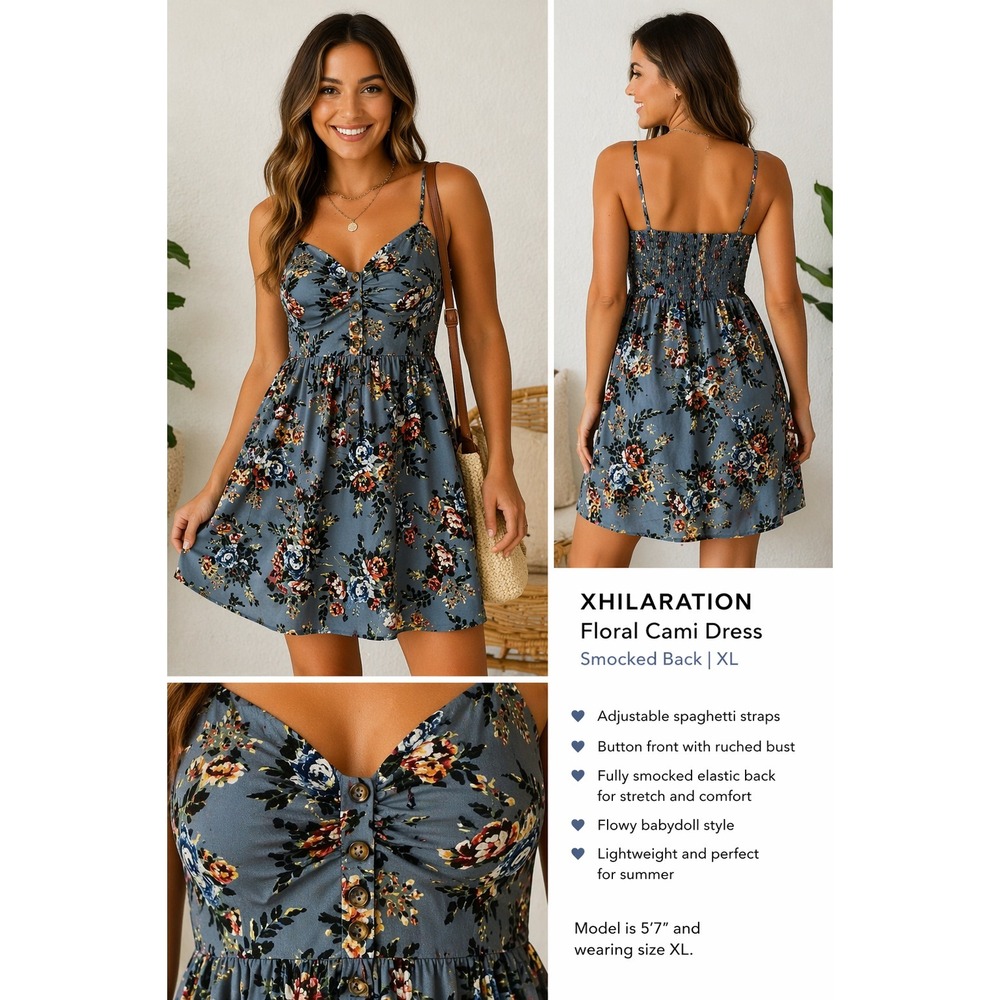 Xhilaration Dress Women's XL Blue Floral Babydoll Cami Tank Sundress Smocked